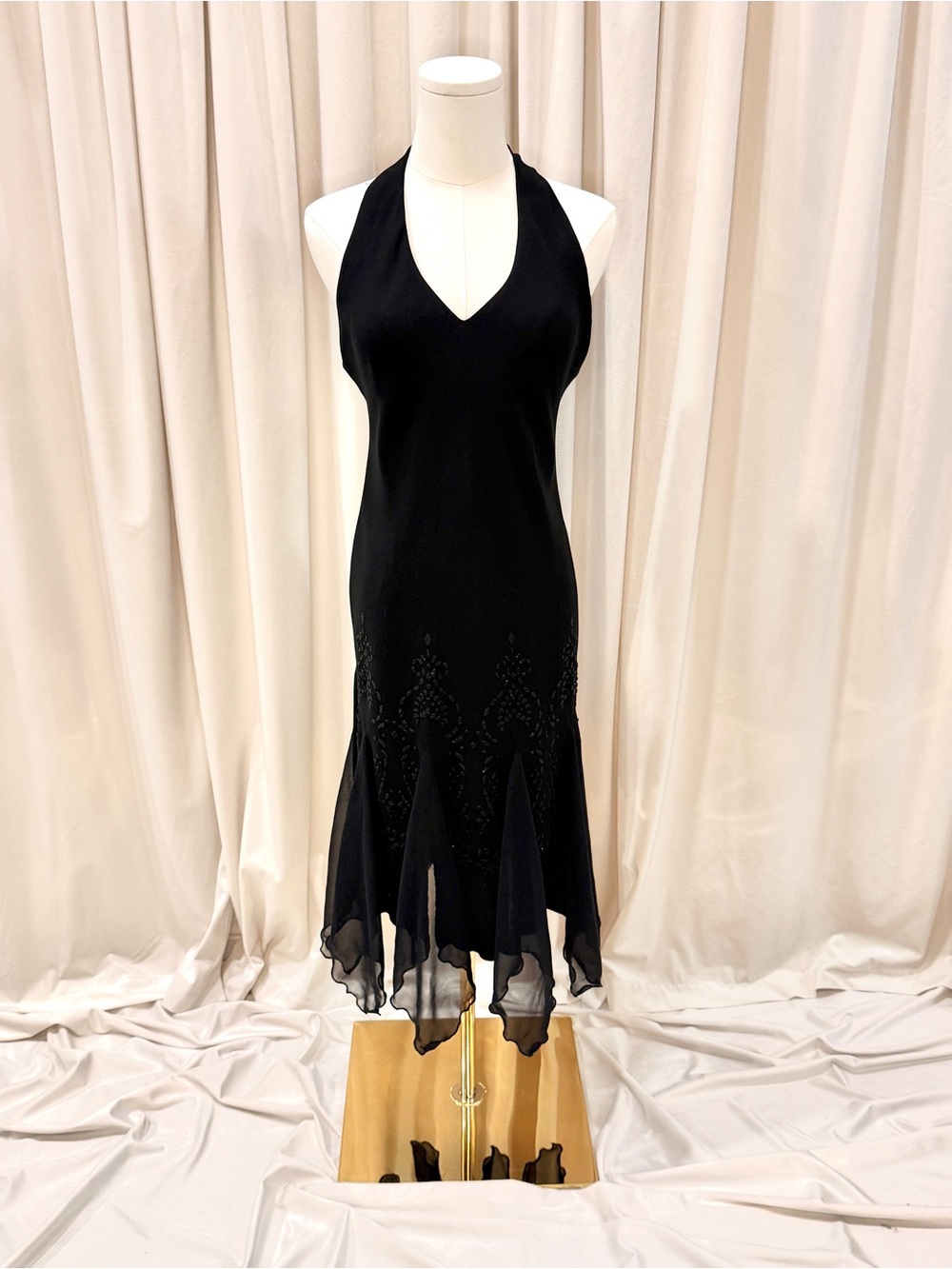 Vintage Black Halter Midi Dress Beaded Handkerchief Hem Size 6